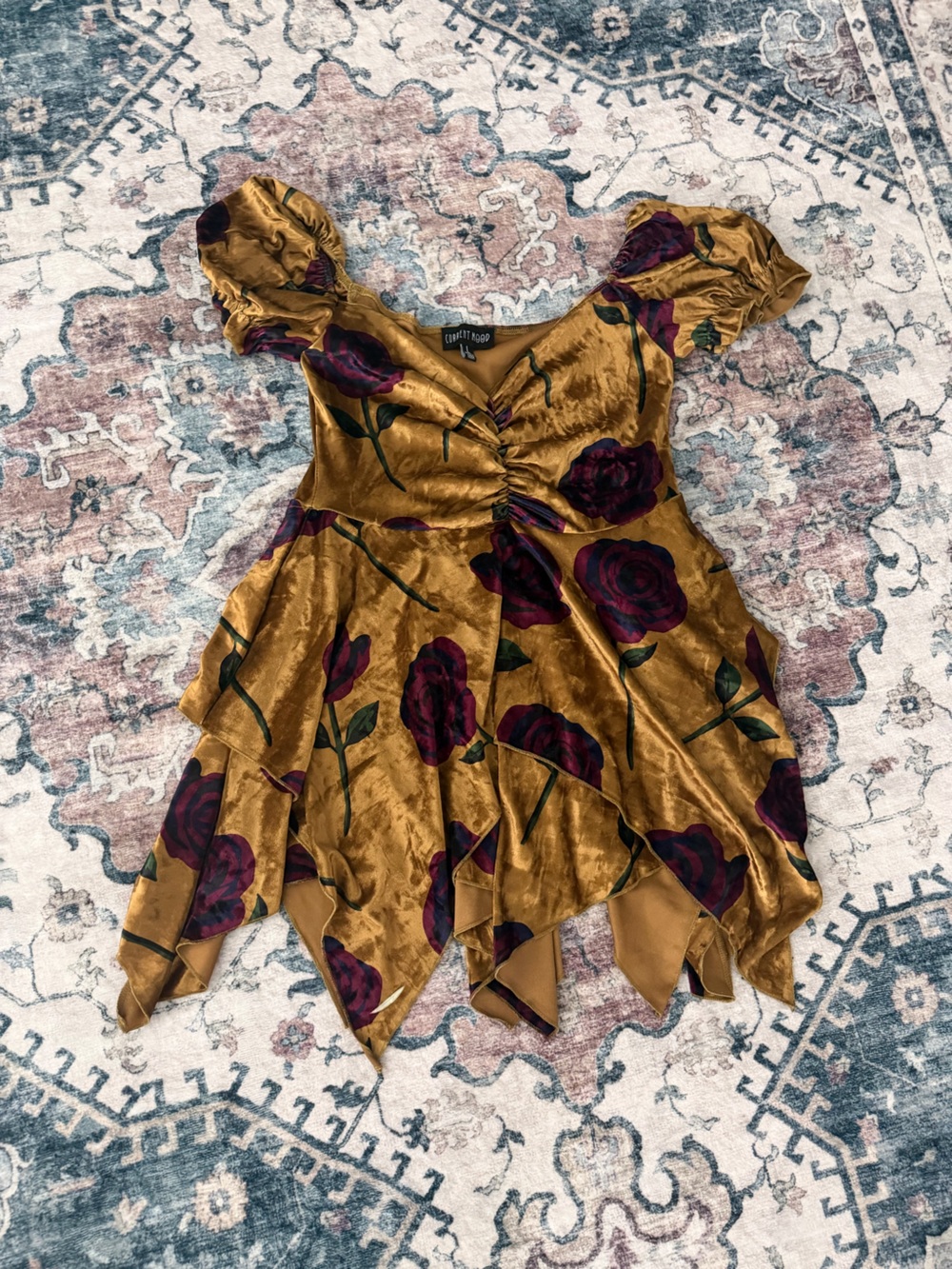 Current Mood Velvet Fairy Dress with Deep Red Rose Print